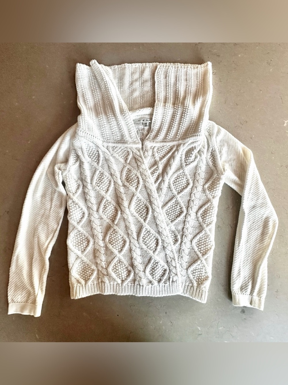CAbi 100% Cotton Fishermans Cable Knit Cardigan Sweater Cowl Neck XS Cream Ivory